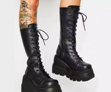 American style cross-border43Code Gothic style thick soled long boots, motorcycle riders boots, knee length, large head, slim and tall boots, women’s thick soled muffin sole, front lace up